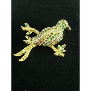 VTG Bird Brooch On Branch Gold Tone Multicolor Rhinestones Stamped WEN
